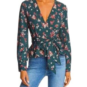Lost + Wander Blouse - Pink and Green Wrap Tie Front - S